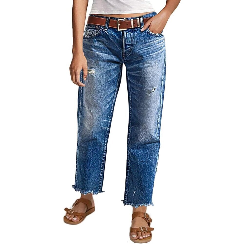 Women’s Cropped Straight Leg Jeans Mid Rise Stretch Baggy Ankle Casual